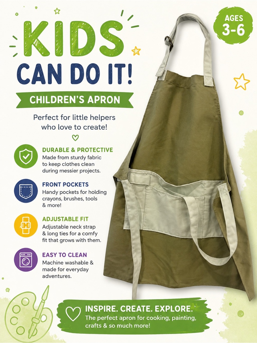 Magnolia Kids' Two-Tone Olive Green & Khaki Apron with Pockets